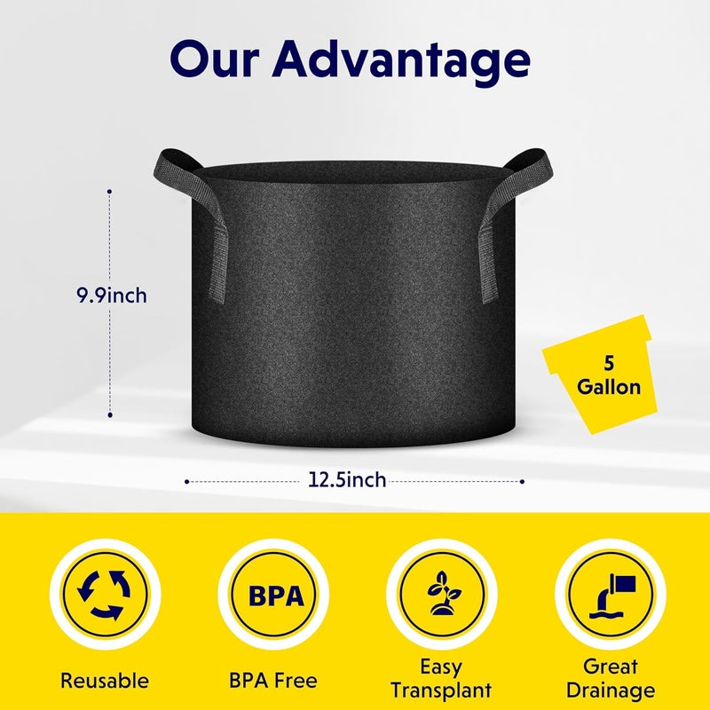 iPower 10-Pack 5 Gallon Thickened Grow Bags Nonwoven Fabric Pots Aeration Container with Strap Handles for Garden and Planting, Black - Image 2