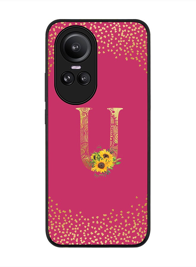 Stylizedd Rugged Black Edge case for Oppo Reno10 / Oppo Reno10 Pro, Slim fit   Custom Monogram Initial Letter Mandala Floral Pattern Alphabet- U (Dark Pink Rose) - Image 1