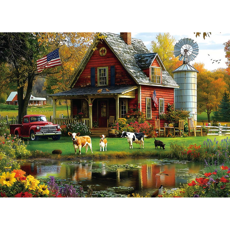Blueforest Autumn Farm Jigsaw Puzzles 1000 Pieces for Adults - Vintage Country Scene with Red Farmhouse & Pickup Truck, Family-Friendly Countryside Puzzle Games with Reference Poster ï¼ˆ27.6"x19.7"ï¼‰ - Image 1
