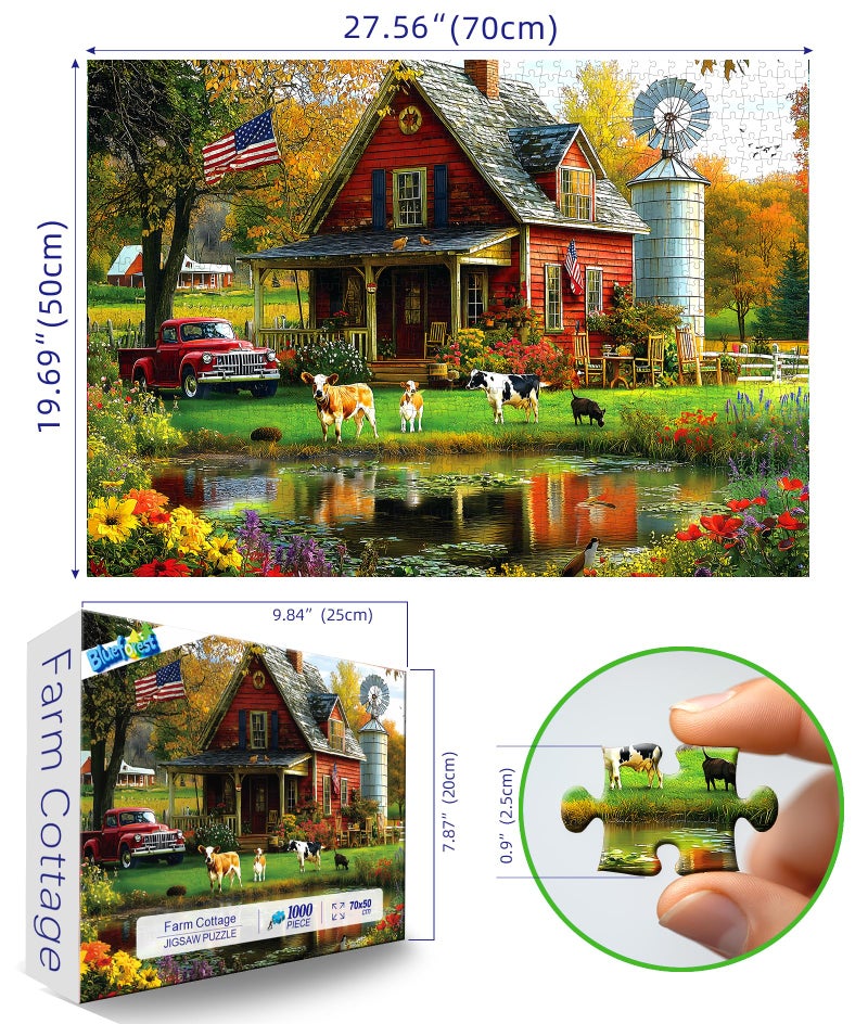 Blueforest Autumn Farm Jigsaw Puzzles 1000 Pieces for Adults - Vintage Country Scene with Red Farmhouse & Pickup Truck, Family-Friendly Countryside Puzzle Games with Reference Poster ï¼ˆ27.6"x19.7"ï¼‰ - Image 2