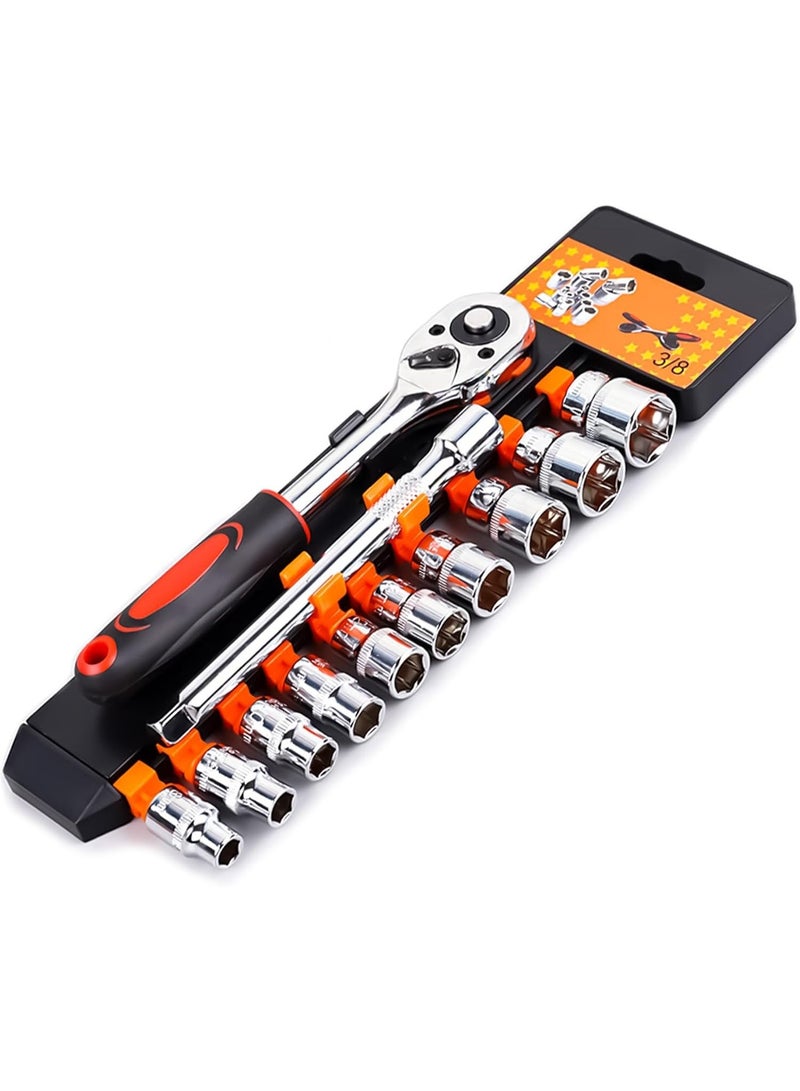 Kimaya 12pcs 3/8 Inch Ratchet Socket Wrench Set, Drive Socket Set with 10 Sockets 8-14,17,19, 21mm and 2 Way Quick Released Ratchet Handle and Extension Bar (3/8" Drive 12pcs) - Image 1