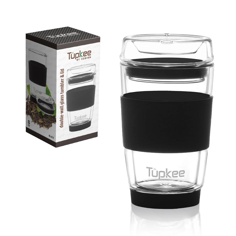 Tupkee Tupkee Double Wall Glass Tumbler  8Ounce All Glass Hand Blown Reusable Insulated TeaCoffee Mug  Lid Travel Mug  Black 