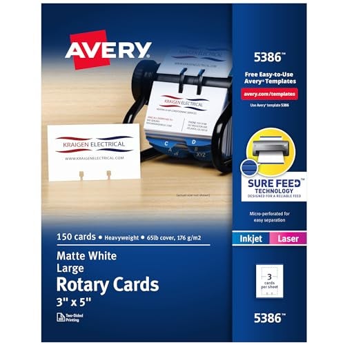 AVERY بطاقات دوارة قابلة للطباعة من أفيري بتقنية Sure Feed، 3" × 5"، بيضاء، 150 بطاقة فارغة لطابعات الليزر أو الطباعة النفاثة (05386) - Image 4