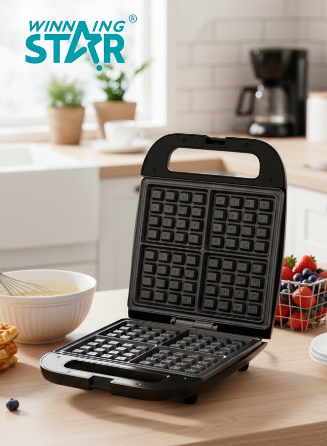 Winning Star 4-Slice Waffle Maker, Multifunctional Breakfast Machine, Stainless Steel, 3 Browning Levels, Audible Ready Beep, Removable Plates, 1200W - Image 1