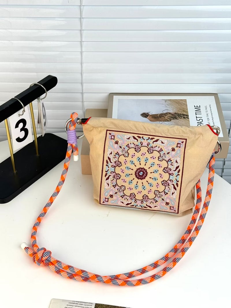 Factory Womens Small Bag Embroidered Mini Shoulder Bag Nylon Crossbody All-match Waist Bag Mini Cosmetic Bag Mobile Phone Bag Beige cashew flower