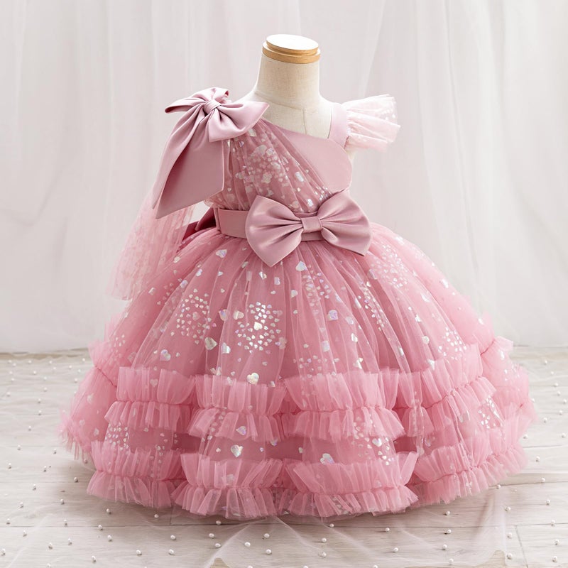 OBEEII Birthday Dress for Toddler Baby Girl Sequins Heart Tulle Tutu Dress Bowknot Princess Party Christmas Photoshoot Wedding Flower Girl Dresses Formal Ball Gown Dusty Pink 9-12 Months - Image 3