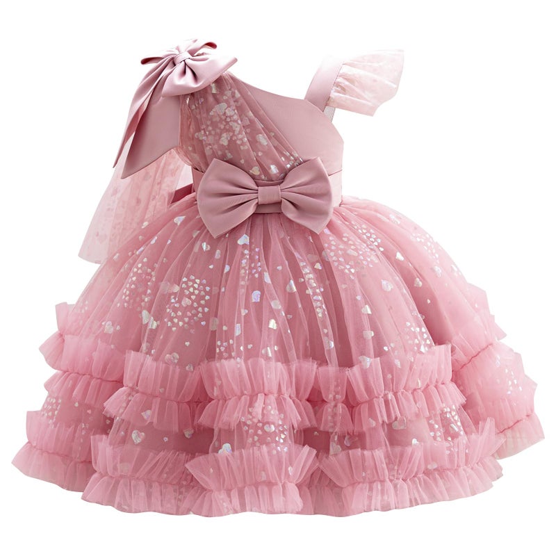 OBEEII Birthday Dress for Toddler Baby Girl Sequins Heart Tulle Tutu Dress Bowknot Princess Party Christmas Photoshoot Wedding Flower Girl Dresses Formal Ball Gown Dusty Pink 9-12 Months - Image 1