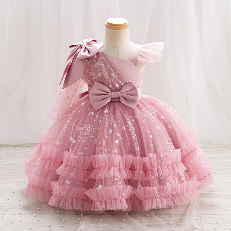 OBEEII Birthday Dress for Toddler Baby Girl Sequins Heart Tulle Tutu Dress Bowknot Princess Party Christmas Photoshoot Wedding Flower Girl Dresses Formal Ball Gown Dusty Pink 9-12 Months - Image 4