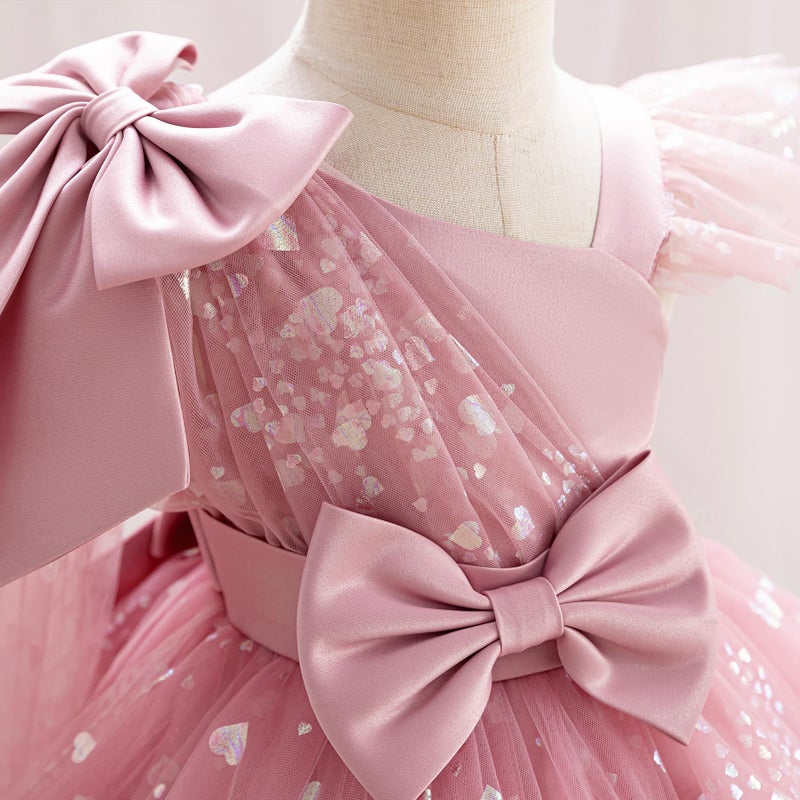 OBEEII Birthday Dress for Toddler Baby Girl Sequins Heart Tulle Tutu Dress Bowknot Princess Party Christmas Photoshoot Wedding Flower Girl Dresses Formal Ball Gown Dusty Pink 9-12 Months - Image 2