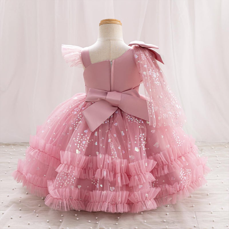 OBEEII Birthday Dress for Toddler Baby Girl Sequins Heart Tulle Tutu Dress Bowknot Princess Party Christmas Photoshoot Wedding Flower Girl Dresses Formal Ball Gown Dusty Pink 9-12 Months - Image 5