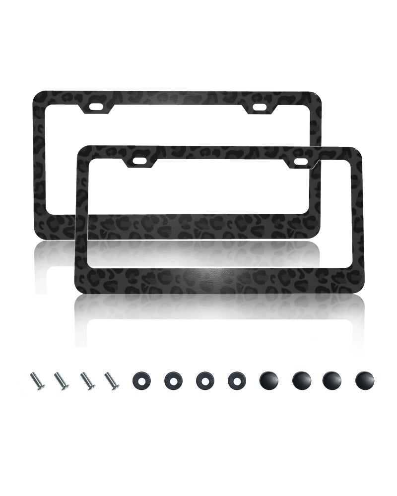 CTVSLFU License Plate Frame 2 Pack Aluminum Metal Rust-Proof Front & Rear Car Tag Holder with 2 Holes, Universal Car Accessories with Screws for Men & Women - 001 Black Leopard - Image 1