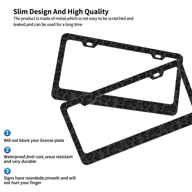CTVSLFU License Plate Frame 2 Pack Aluminum Metal Rust-Proof Front & Rear Car Tag Holder with 2 Holes, Universal Car Accessories with Screws for Men & Women - 001 Black Leopard - Image 2