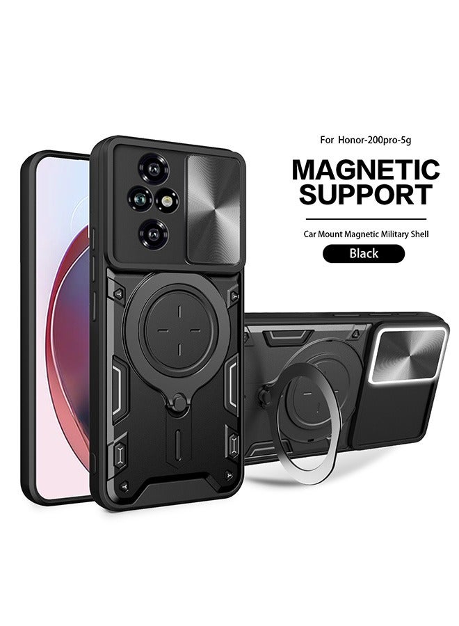 Case For  Honor 200 Pro 5G with Slide Camera Cover and Stand Kickstand Magnetic Ring, High Quality Shockproof Protective Cover, Anti-Fall Drop Protection, Shockproof Case, Black - Image 1