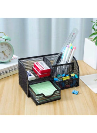 Metal Mesh Desk Organizer with Drawer Multi Compartment Stationery Holder Office Storage Box Pen Holder Pencil Holder Table organizer for Stationery Pen Pencil Paper Clips Glue Scissors Notepad and Sticky Notes Organizer Desktop Tray Caddy for Home Office School Classroom Drawer Organizer for Desk Supplies Study table organizer Kids Desktop Organizer Home Office Accessories Study Table Supplies - view 2