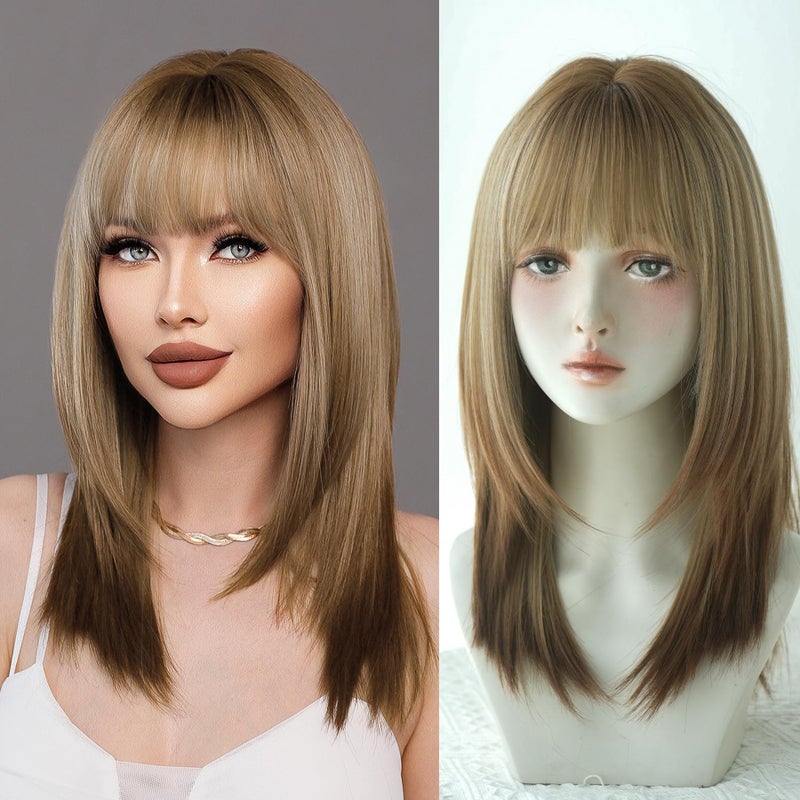 7JHH WIGS 20In Long Straight Layered Cut Wig with Bangs Brown Hair Tail Dye Wig With Brown Roots Heat Resistant Synthetic Shoulder Length Natural Looking Wigs for Women Cospaly Daily Used - Image 2