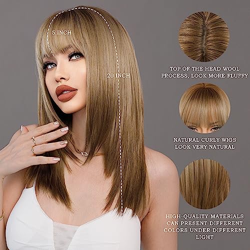 7JHH WIGS 20In Long Straight Layered Cut Wig with Bangs Brown Hair Tail Dye Wig With Brown Roots Heat Resistant Synthetic Shoulder Length Natural Looking Wigs for Women Cospaly Daily Used - Image 3