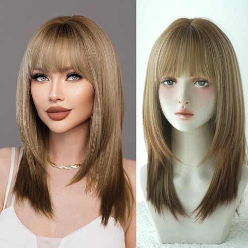 7JHH WIGS 20In Long Straight Layered Cut Wig with Bangs Brown Hair Tail Dye Wig With Brown Roots Heat Resistant Synthetic Shoulder Length Natural Looking Wigs for Women Cospaly Daily Used - Image 1