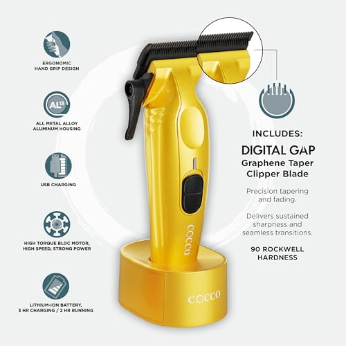 Cocco Hyper Veloce Pro Clipper, Digital Gap Ambassador Graphene Taper Blade Professional Hair Clippers, High-Torque BLDC Motor, All-Metal, Cordless, Charging Station Included, Yellow - Image 4