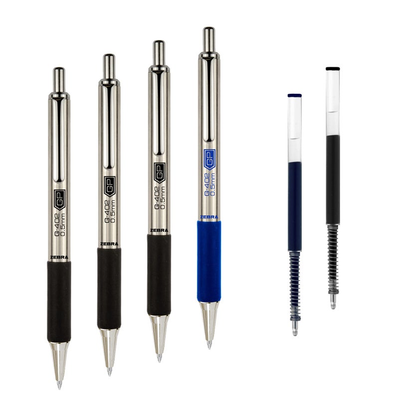 Zebra Pen STEEL G402 Retractable Gel Pens 05mm Fine Point 3 Black 1 Blue Ink Pens 2 Refills Smooth Writing Stainless Steel Barrel Refillable Pens for Office or School 4 Pack 50072 - Image 2