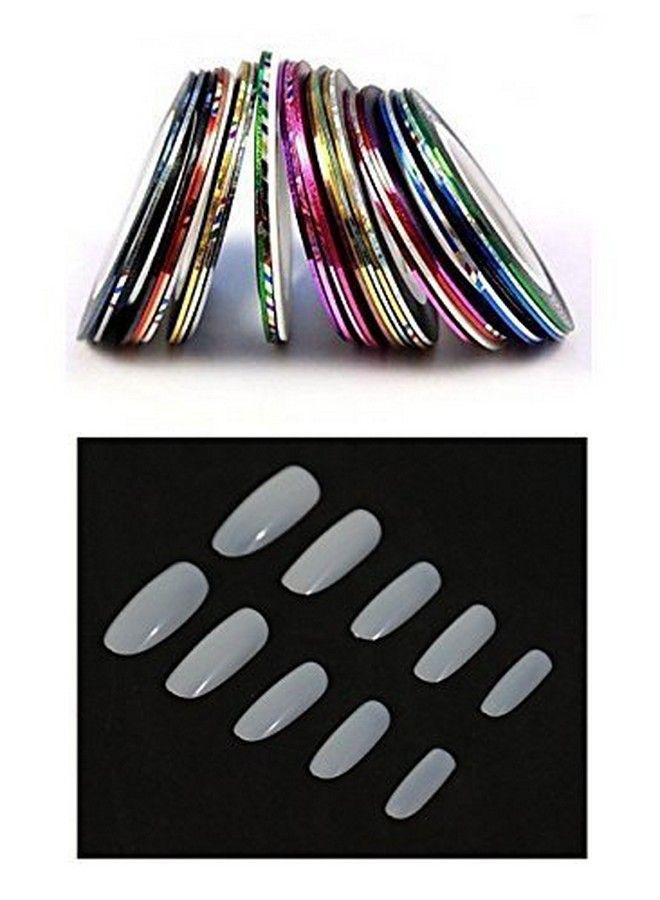 FOK Set Of 100Pc Professional/Personal Reusable French Long Acrylic False Fake Nails White Color Diy Decoration Artificial White Nailart Tip Accessory With Set Of 10Pc Nailart Tape Diy Decoration - Image 1