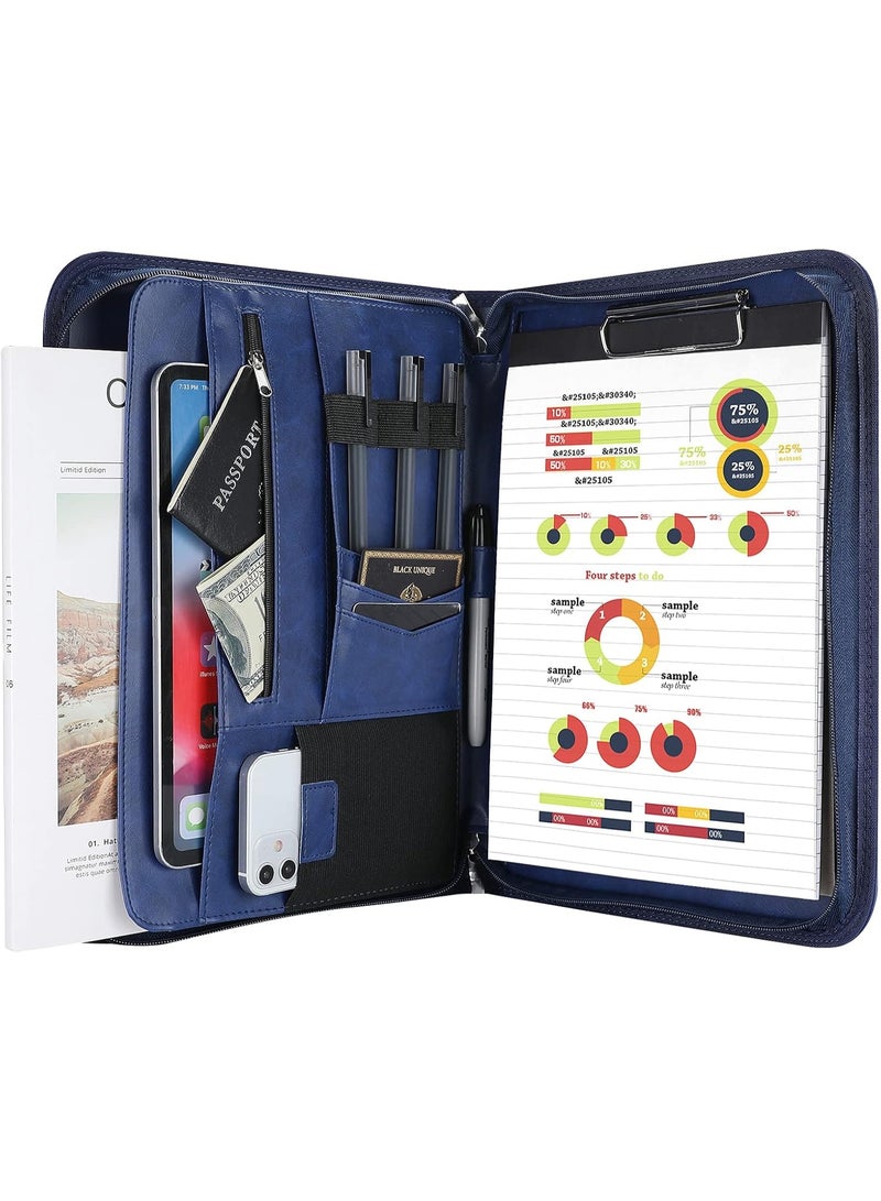ProCase A4 Writing Case PU Faux Leather Conference Folder Portfolio with Zip Clipboard Notepad Business Document Folder Lightweight Durable Material Navy - Image 1
