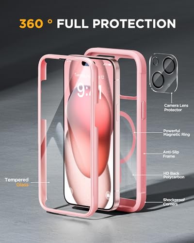 Miracase Glass Series for iPhone 15 Case [Compatible with MagSafe] Full-Body Magnetic Case with Built-in 9H Tempered Glass Anti-Fingerprint Screen Protector + Camera Lens Protector, Pink and Clear - Image 2