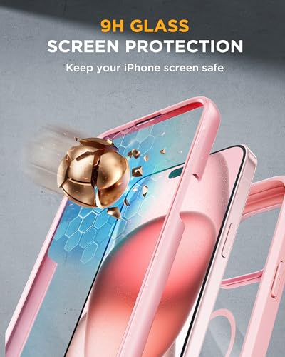 Miracase Glass Series for iPhone 15 Case [Compatible with MagSafe] Full-Body Magnetic Case with Built-in 9H Tempered Glass Anti-Fingerprint Screen Protector + Camera Lens Protector, Pink and Clear - Image 5