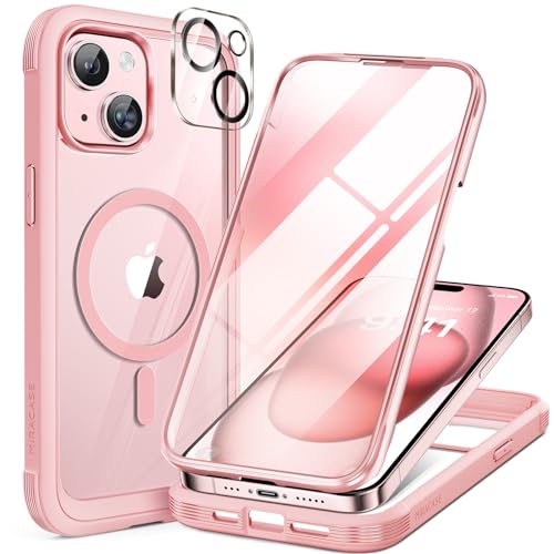 Miracase Glass Series for iPhone 15 Case [Compatible with MagSafe] Full-Body Magnetic Case with Built-in 9H Tempered Glass Anti-Fingerprint Screen Protector + Camera Lens Protector, Pink and Clear - Image 1