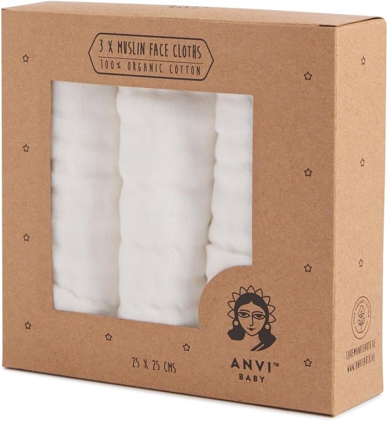 Anvi Baby Muslin Face & Burp Cloth Set - 100% Organic Cotton, White, Set of 3 - Image 3