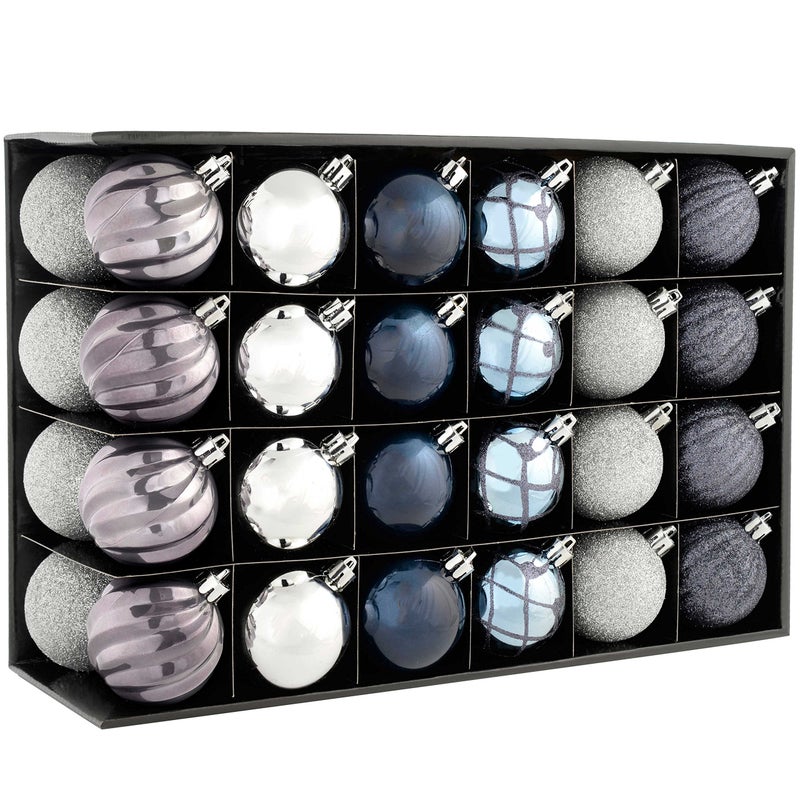 WeRChristmas Shatterproof Luxury Christmas Tree Baubles 48Piece  BlueCharcoalDove GreySilver Plastic