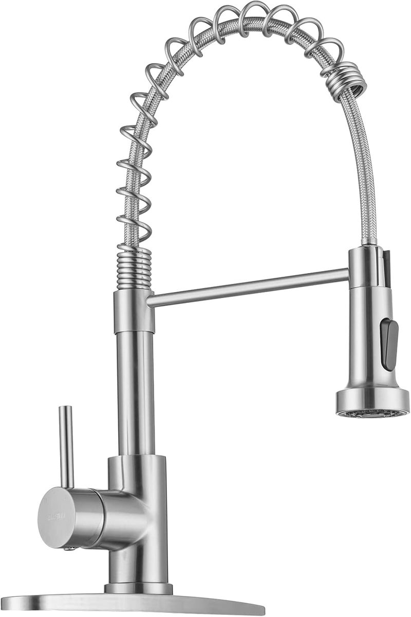 WEWE Kitchen Faucets, Brushed Nickel Kitchen Faucet with Pull Down Sprayer, Industrial Spring Single Handle Stainless Steel Kitchen Sink Faucet with Deck Plate, 1 Hole or 3 Hole for Laundry Rv - Image 1