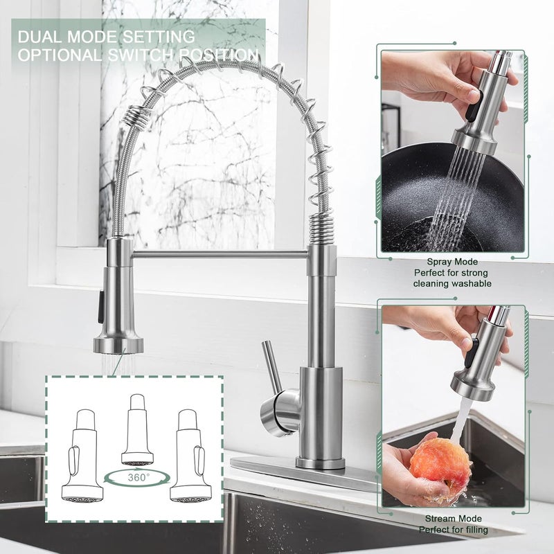 WEWE Kitchen Faucets, Brushed Nickel Kitchen Faucet with Pull Down Sprayer, Industrial Spring Single Handle Stainless Steel Kitchen Sink Faucet with Deck Plate, 1 Hole or 3 Hole for Laundry Rv - Image 3