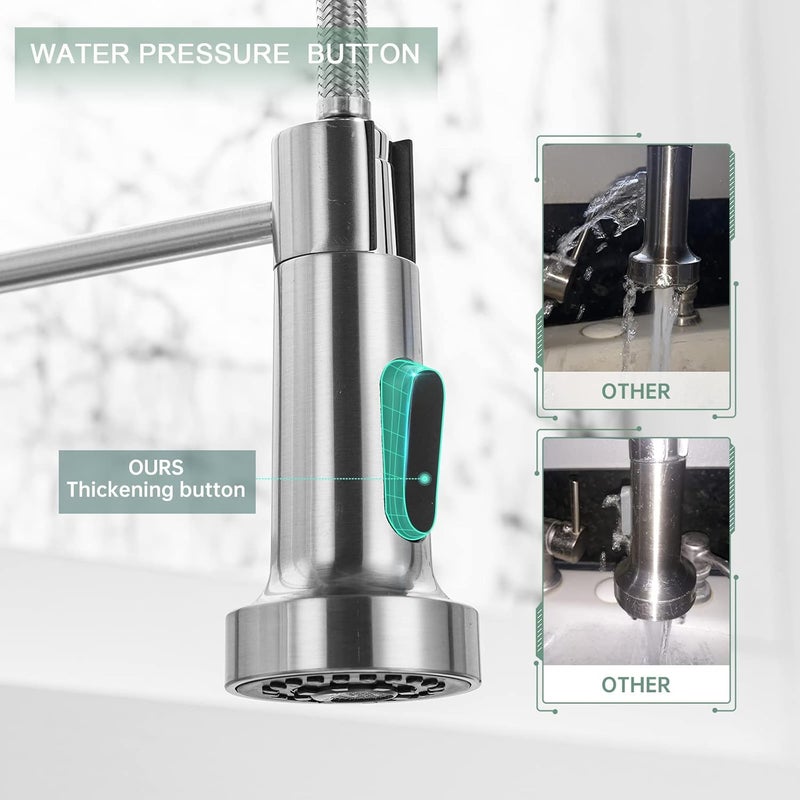 WEWE Kitchen Faucets, Brushed Nickel Kitchen Faucet with Pull Down Sprayer, Industrial Spring Single Handle Stainless Steel Kitchen Sink Faucet with Deck Plate, 1 Hole or 3 Hole for Laundry Rv - Image 4