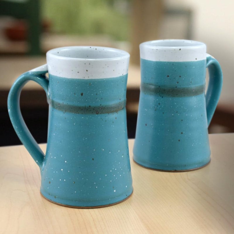 Modern Artisans American Handmade Stoneware Pottery 20 oz Tall Mug with Thumb Grip Frosted Teal Collection - Image 2