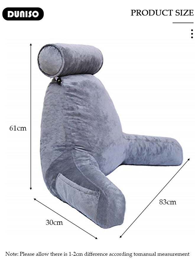 DUNISO Reading Pillow, Large Bed Rest Pillow with Detachable Neck Roll,Backrest with Arms，Pockets and Washable Cover, for Sitting in Bed or Couch-Backrest Reading Pillow Adult Back Pillows for Reading,Watching TV,Gaming,Relaxing - Image 2