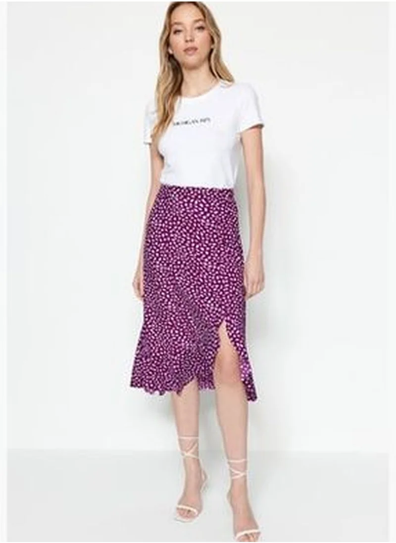 trendyol Purple Printed High Waist Midi Elastic Knitted Skirt with Ruffles and Ruffles TWOSS21ET0029