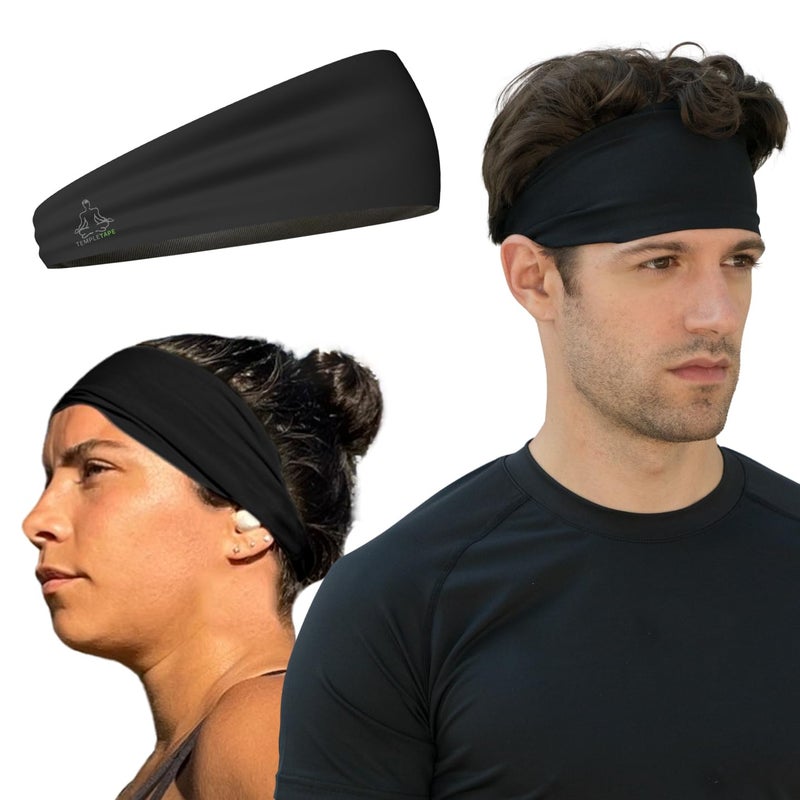 Temple Tape Headbands for Men and Women - Mens Sweatband & Sports Headband Moisture Wicking Workout Sweatbands for Running, Crossfit, Yoga and Bike Helmet Friendly - Black - Image 1