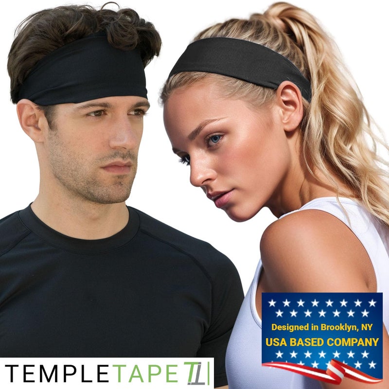 Temple Tape Headbands for Men and Women - Mens Sweatband & Sports Headband Moisture Wicking Workout Sweatbands for Running, Crossfit, Yoga and Bike Helmet Friendly - Black - Image 3