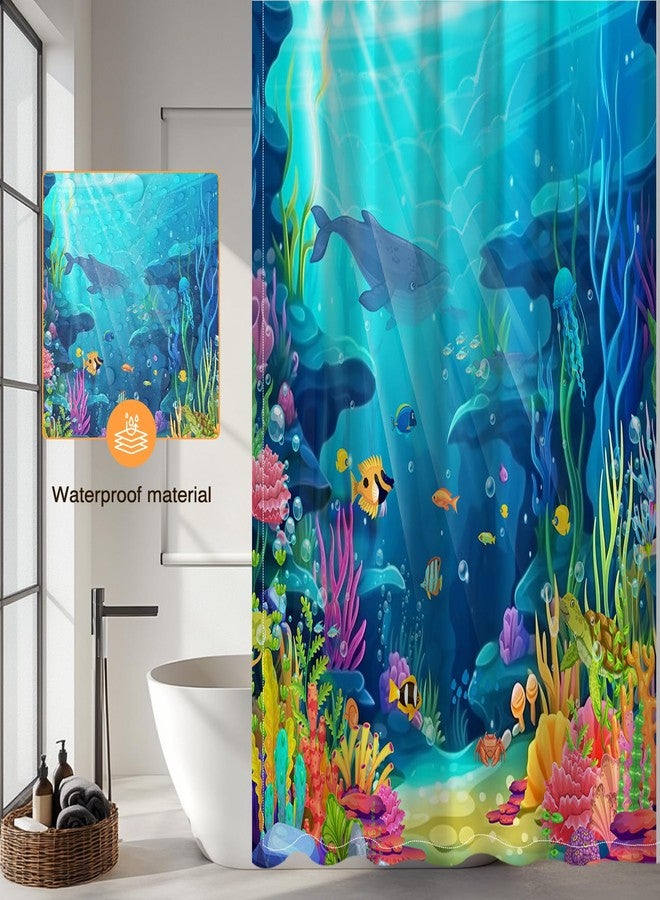 Mocsicka Ocean Shower Curtain for Bathroom Underwater World Kids Shower Curtain with 12 Hooks Summer Tropical Shark Turtle Fish Bath Curtain for Kids Sea Bathroom Decor, 72 x 72 in Waterproof Fabric - Image 5