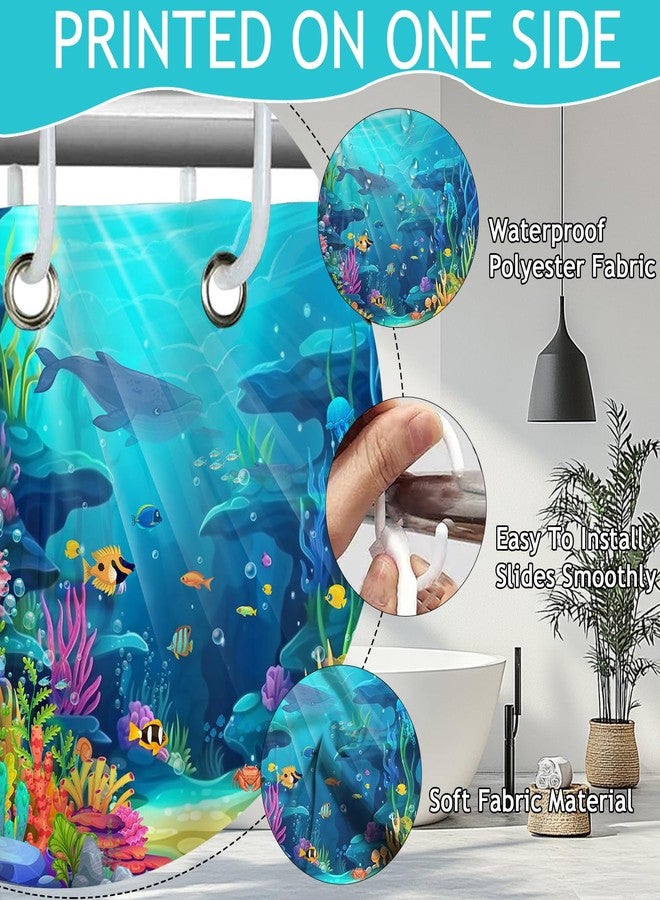 Mocsicka Ocean Shower Curtain for Bathroom Underwater World Kids Shower Curtain with 12 Hooks Summer Tropical Shark Turtle Fish Bath Curtain for Kids Sea Bathroom Decor, 72 x 72 in Waterproof Fabric - Image 3