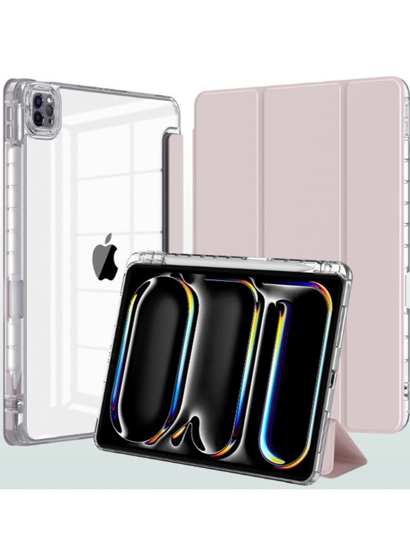 for IPad Pro 2024 5th M4 11-InchCase Cover ,Transparent Airbag With Pen Slot For Anti Drop, Tablet Protective Cover, Triple Fold Multi Angle Design, Automatic Wake-up/sleep, Soft Leather，Pink  - Image 1