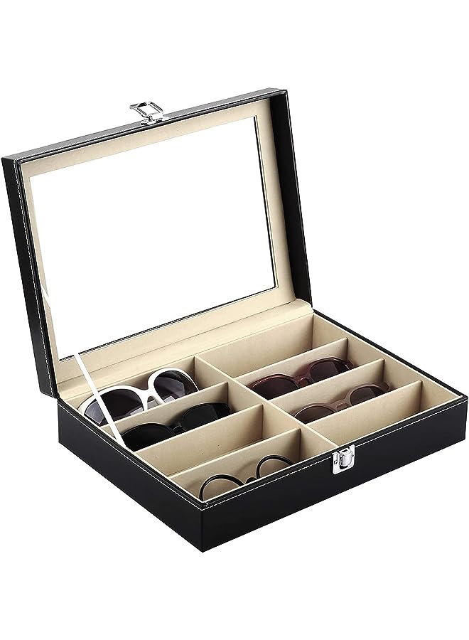 PROMASS Leather Multi Sunglasses Organizer for Women Men, Eyeglasses Eyewear Display Case Jewelry Watch Organizer Sunglasses Jewelry Collection Case Sunglass Storage Holder Box with 8 Slots, Black - Image 1