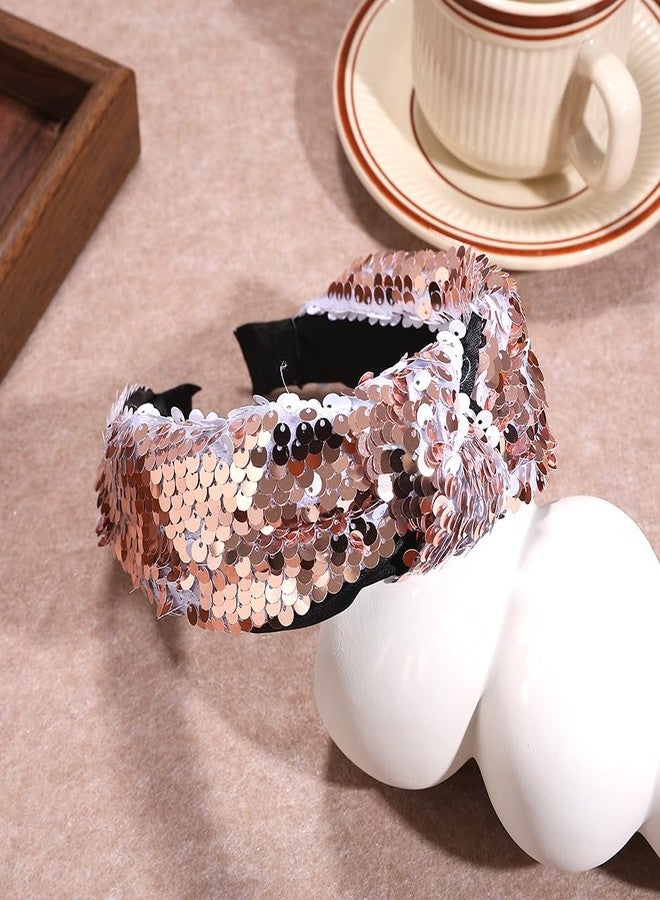 BaBakiak Wide Sequin Headband, Sparkly Cross Twisted Hair Band for Women, Party Nightclub Accessories (Champagne) - Image 3