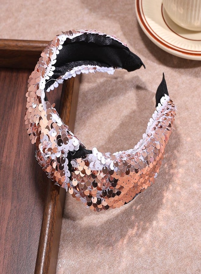 BaBakiak Wide Sequin Headband, Sparkly Cross Twisted Hair Band for Women, Party Nightclub Accessories (Champagne) - Image 2