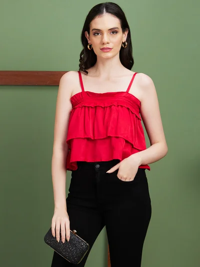 globus Women Red Shoulder Strap Layered Crop Top