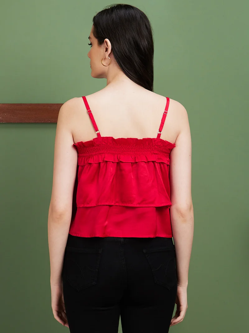 globus Women Red Shoulder Strap Layered Crop Top