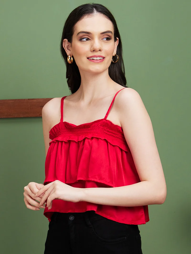 globus Women Red Shoulder Strap Layered Crop Top