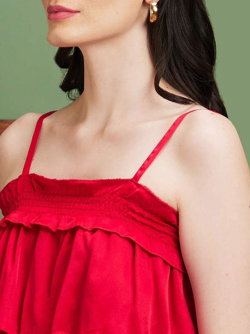 globus Women Red Shoulder Strap Layered Crop Top