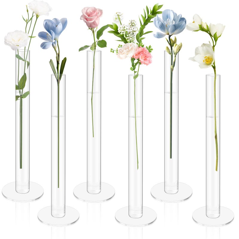 Ninehaoou 6 Pcs Cylinder Bud Vases for Centerpieces, 7.9" Acrylic Clear Small Tall Slim Flower Vases for Single Rose, Home Aesthetic Wedding Table Decorations for Party Desk Decor - Image 1
