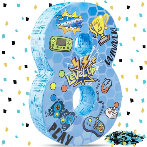 Simgoing Number 8 Video Game Piata 16 5 Inch Gaming Controller 8th Birthday Party Supplies Decorations Piata with Confetti for Gaming Theme Party Carnival Events Decor - Image 1